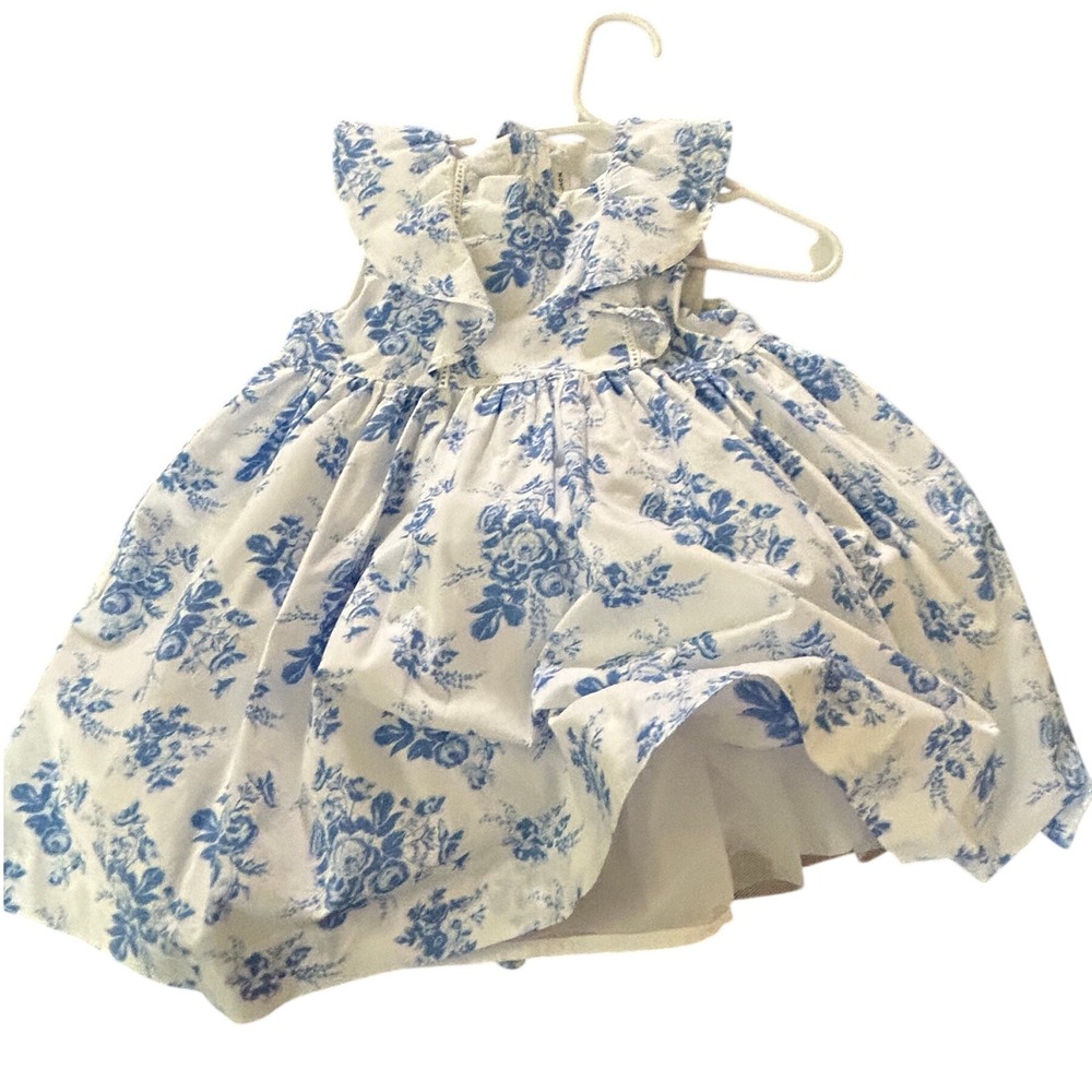 Girls Blue Floral Toile Ruffle Collar Sleeveless Party Dress